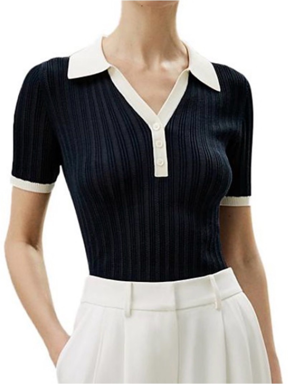 Lilysilk Ribbed Contrast Pure Silk Polo Tee - Navy & White